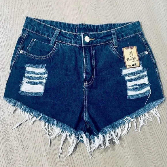 New Hocchi Brazil Jean Shorts High Rise Women’s 8 Raw Hem Distressed Denim Blue - Picture 2 of 9